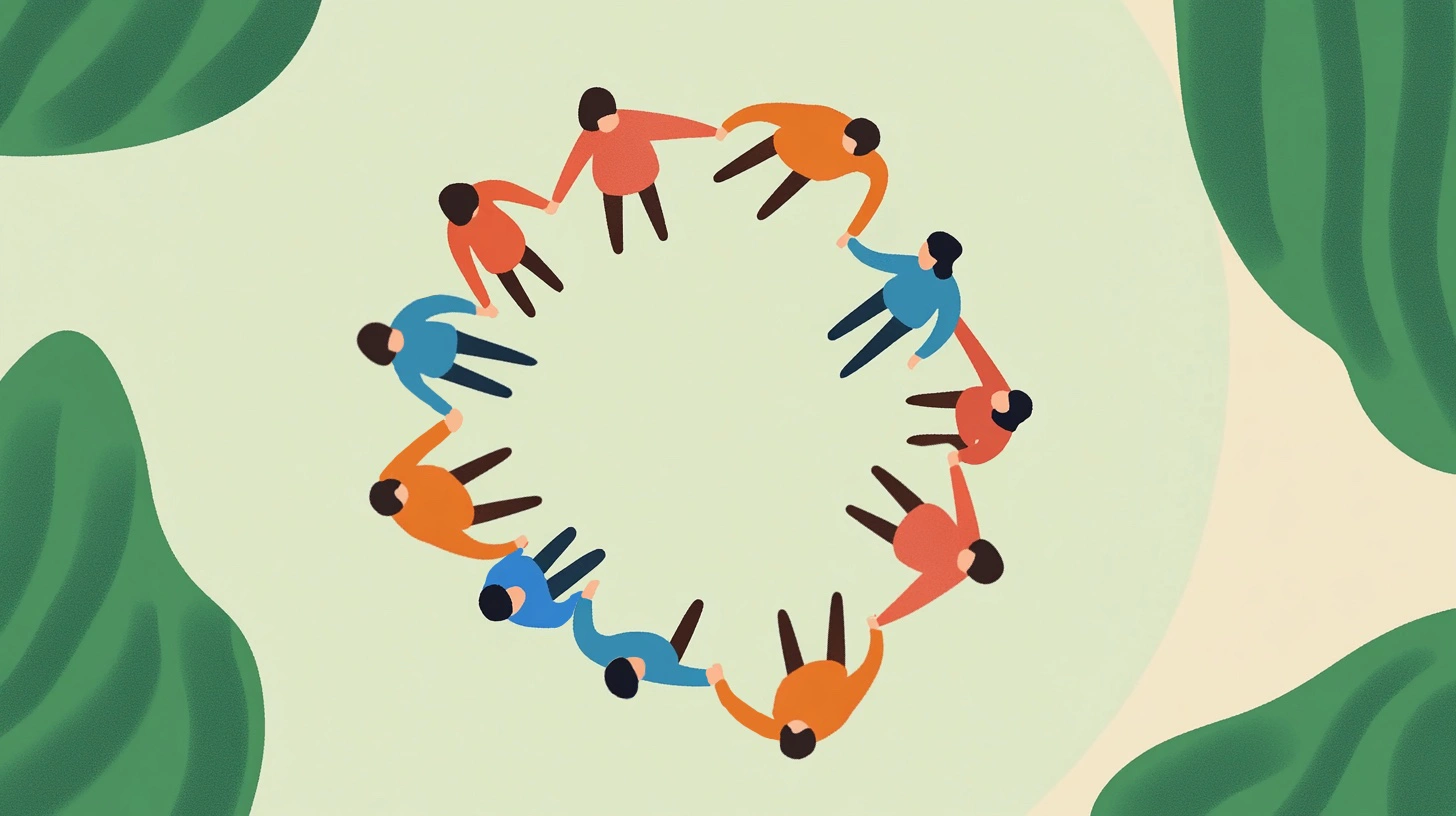 Des personnages se tiennent les mains en cercle